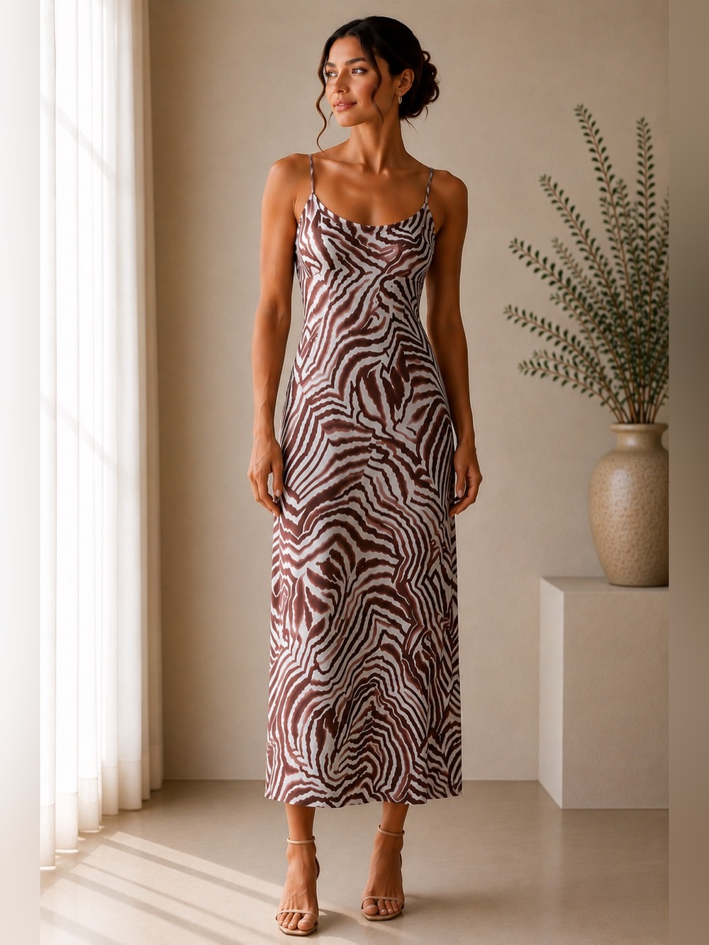 Zebra Print Midi Slip Dress Brown Mesh Fits M/L Tag Missing